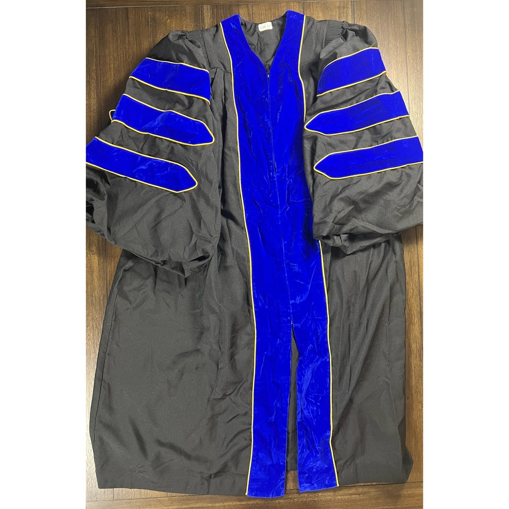 Doctoral Graduation Gown Black Royal Blue Velvet Gold Piping Size 54 PhD Robe